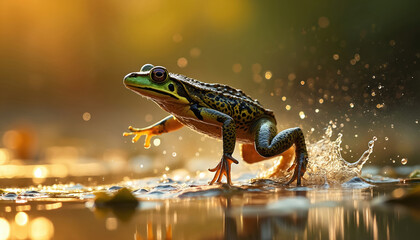 Frog jumps in water makes splash. Amphibian jumps in lake with gold water bokeh bubbles. Green frog jumps in pond. Frog in nature, outdoor wildlife, macro photo amphibian.