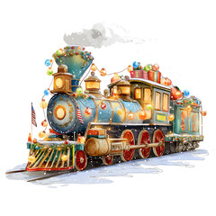 Vintage Old Festive Christmas Steam Locomotive Train Illustration, Print , Card, Isolated On White (Generative Ai)