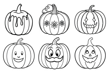 Spooky cartoon vector set of orange Halloween pumpkin faces for autumn holiday decoration