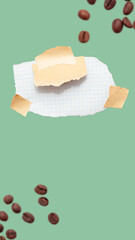 Torn piece of school notebook in a grid and brown piece of paper with beige tape on green background