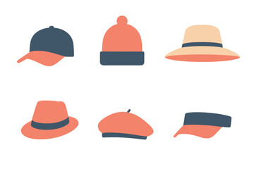 Fototapeta premium Collection of diverse headwear styles including baseball caps, beanies, sun hats, and berets