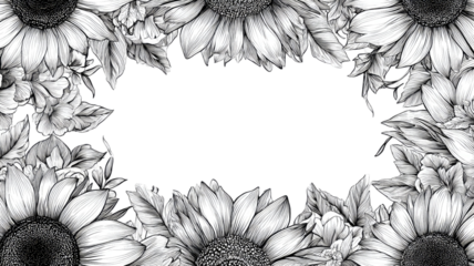 Abstract autumn frame features bright sunflower border with golden petals and rustic seasonal foliage on white background