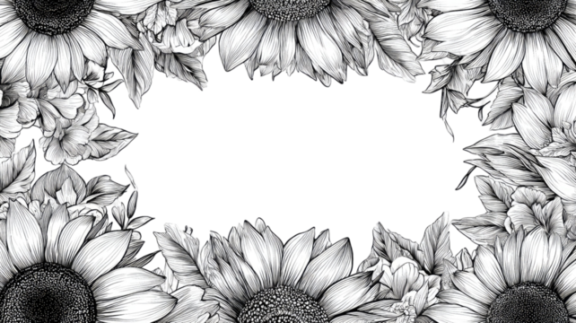 Abstract autumn frame features bright sunflower border with golden petals and rustic seasonal foliage on white background