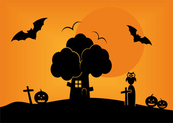 Halloween card, landscape, tree, flying bats, owl on tombstone, pumpkin, night countryside, black silhouette, orange background