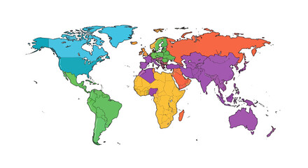 Obraz premium Colorful world map with continents, representing geographic diversity and global concepts for