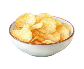 A white bowl filled with crispy golden potato chips, isolated on a transparent background, showcasing a delicious snack
