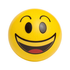 Fototapeta premium Yellow smiley face stress ball with a wide open mouth and happy eyes, isolated on transparent background