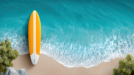 Sunny summer surfboard on sandy beach with turquoise water and gentle waves