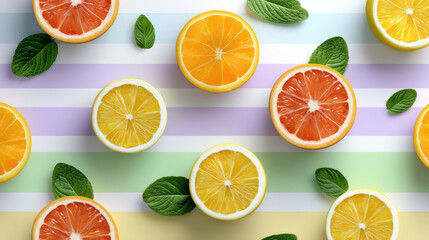Summer citrus slices and fresh mint leaves arranged on pastel striped background creating bright refreshing mood