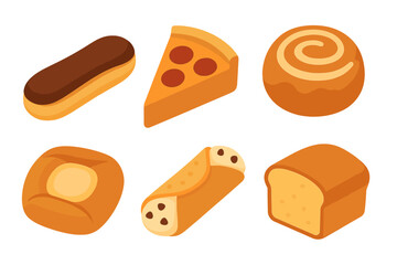 Isometric collection of various baked goods, sweet pastries, and a savory pizza slice
