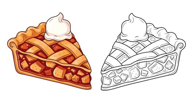 Detailed illustration showcasing a slice of delicious apple pie and line art for coloring