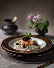 Gourmet Delight: Culinary artistry shines in this detailed capture of a perfectly presented gourmet risotto dish, an exquisite combination of textures, colors, and flavors.