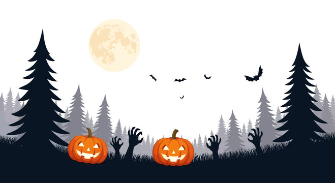 Enchanted eerie forest scenery with glowing pumpkins and spooky silhouettes creating a magical