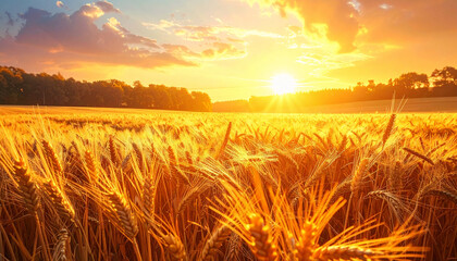 Obraz premium Golden wheat field glowing at sunset