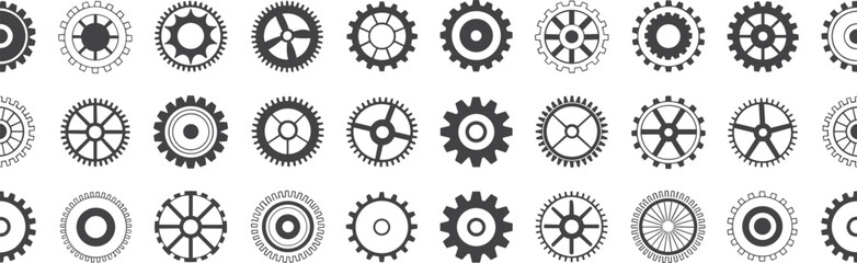 Gear icon set, mechanical component illustrations, engineering and machinery symbols, industrial design elements, vector graphic collection, black and white style