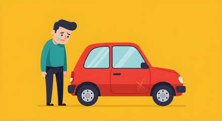 Upset man next to his damaged red car, dealing with vehicle accident, loss, and the stress of car repairs, perfect for insurance or transportation ads