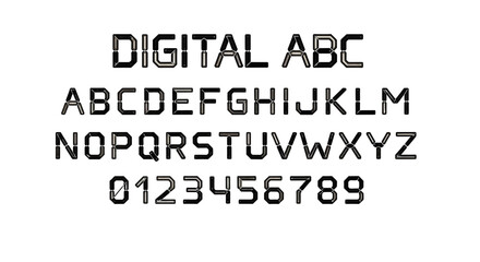 Futuristic digital alphabet featuring illuminated segmented display characters for design usage