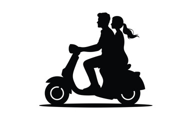 Romantic silhouette of a couple riding a scooter together on an adventure