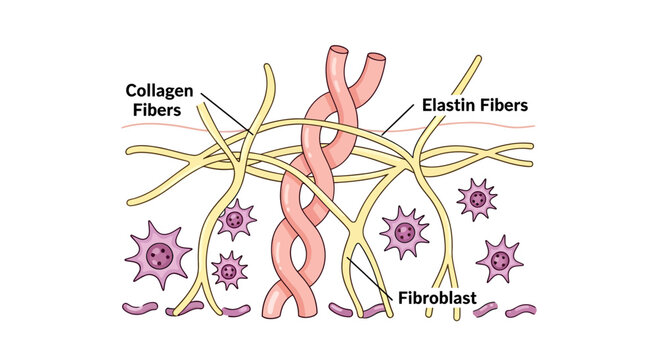 Human skin structure illustration showcasing collagen, elastin fibers, and fibroblasts for