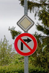 European Priority Road Sign with No Right Turn Traffic Sign