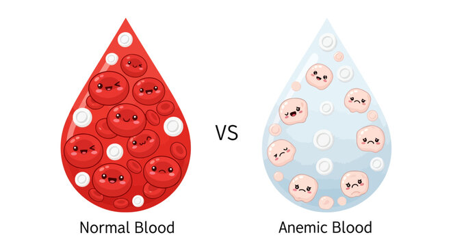 Illustration contrasting healthy blood cells versus anemic blood cells, emphasizing difference in