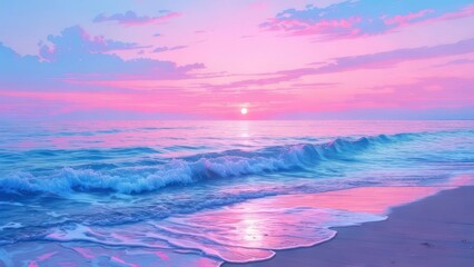 Fototapeta premium Dreamy Pastel Sunset over Ocean Waves on a Serene Beach.