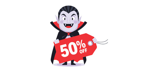 A cartoonish inflatable vampire character with a wide smile and fangs holds a bright red sale tag indicating 50% off.