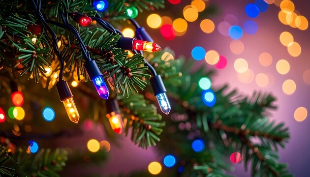 Close-up of Christmas tree with colorful string lights and blurred festive bokeh background.