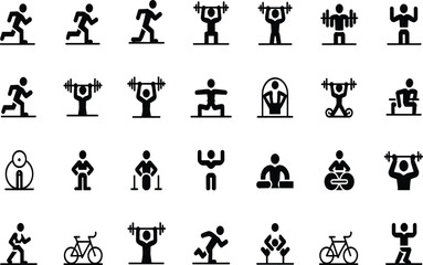 Fitness activity icon set, black silhouette exercise, sport, and wellness illustrations for apps, merch, branding, education, workout design kits