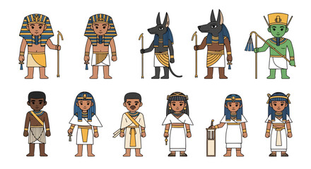 Ancient Egypt stylized characters representation depicting pharaohs gods and people vector art