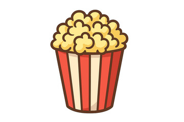 Popcorn in striped bucket box. Cinema snack food. Movie night entertainment concept. Cute cartoon vector illustration. Fast food, treat for film festival or theater show.