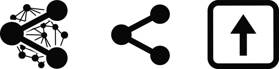 Share and upload icon set, connectivity and interaction symbols, digital interface elements, network and content transfer graphics, vector design, black and white