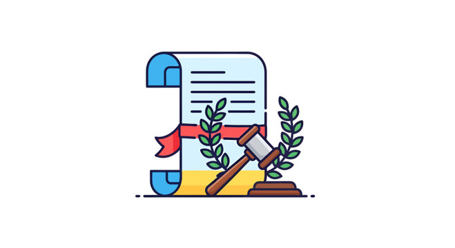 Cartoon style depiction of legal decree with gavel and laurel wreath for court representation