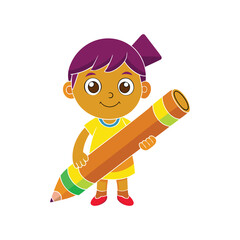 Vector illustration of a school-going girl,  drawing with pencils, cartoon illustration