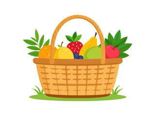 Colorful cartoon illustration of a wicker basket overflowing with various fresh fruits and green leaves, sitting on grass.