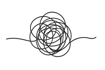 Tangled line scribble icon vector, chaotic scrawl drawing, abstract knot illustration, messy looping lines, tangled string art, minimalistic black sketch with transparent background