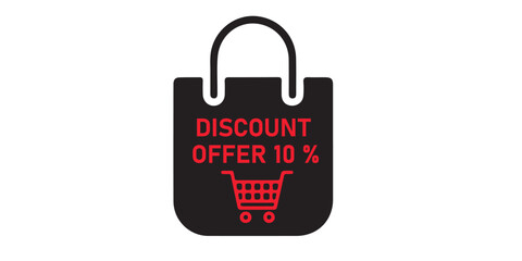 Black shopping bag with red discount offer and shopping cart graphic
