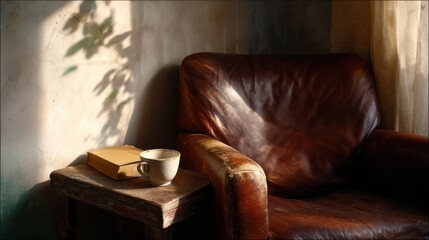 Photograph of an old leather armchair with a coffee mug and a book on a small wooden table, with dramatic lighting and shadows from the sunlight.