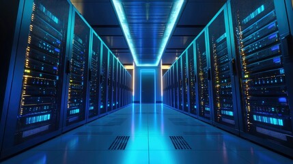 Futuristic data center interior with glowing blue server racks and illuminated corridor in a secure IT facility, ideal for AI infrastructure, cloud computing, cybersecurity, and technology design