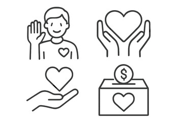 Volunteer icon set in linear style with heart symbols, hands holding love, donation box with dollar coin, charity and helping concepts, vector cartoon illustration with transparent background