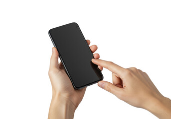 Isolated hand holding a modern smartphone, using the screen with finger, scrolling on device