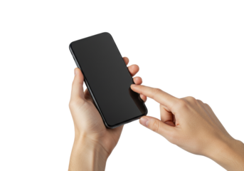 Isolated hand holding a modern smartphone, using the screen with finger, scrolling on device