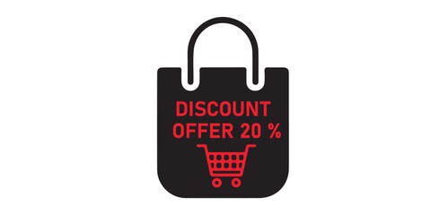 Black shopping bag with red discount offer 20 percent and shopping cart icon