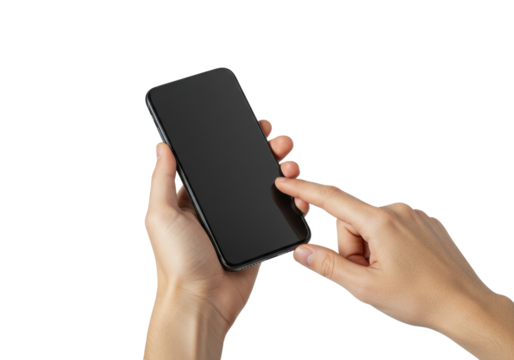 Isolated hand holding a modern smartphone, using the screen with finger, scrolling on device