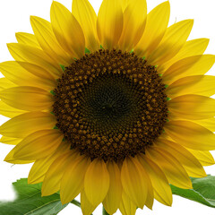 Naklejka premium Magnificent yellow sunflower, deep brown disc with spiral seeds and golden pollen, velvety yellow petals, emerald leaves, isolated on transparent, macro, concept of natural perfection
