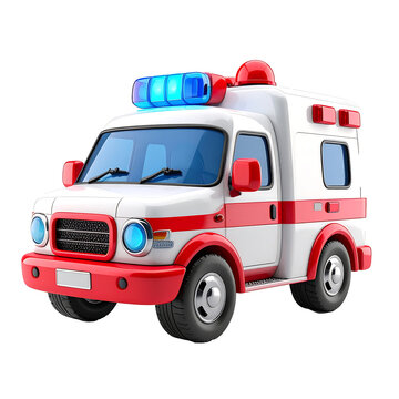 3D plastic cartoon style ambulance icon white and red plastic with blue siren light on transparent background and white background 