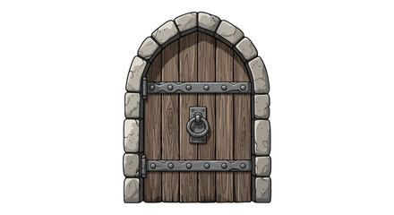 Illustration of an isolated wooden door framed with stone and medieval style lock and hinges