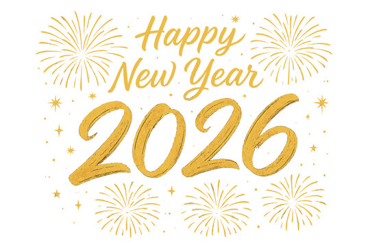Happy New Year 2026 vector illustration. Golden painted text effect with calligraphic brush stroke. Festive background for New Year's Eve celebration with fireworks. - Powered by Adobe