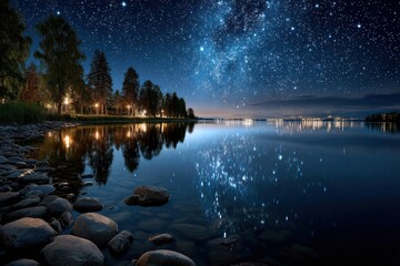 Starry Night Sky Reflected in Calm Lake