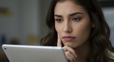 A woman looks thoughtfully at a tablet screen, highlighting the concept of digital work.Concept of digital technology and business productivity.